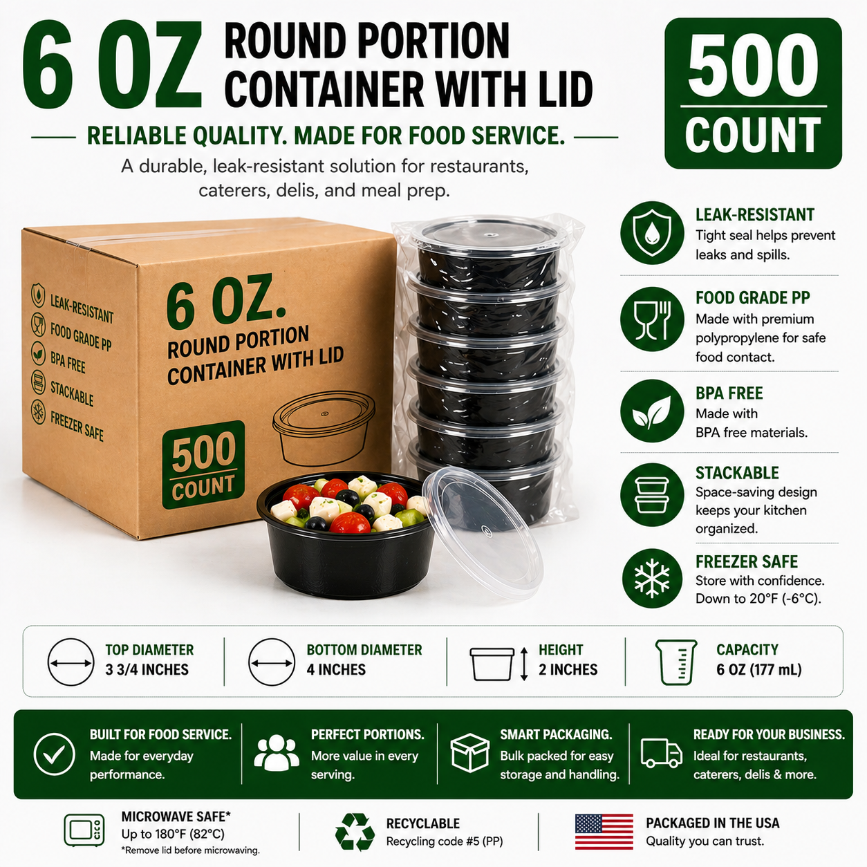 Premier Plastic Container 6 OZ BLACK W LID 500 CT