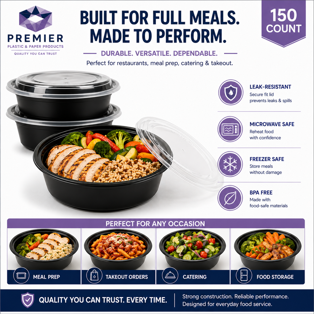 Premier Plastic Container ROUND 32 OZ With LID 150CT