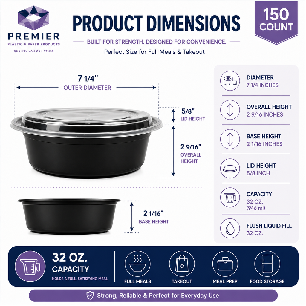 Premier Plastic Container ROUND 32 OZ With LID 150CT