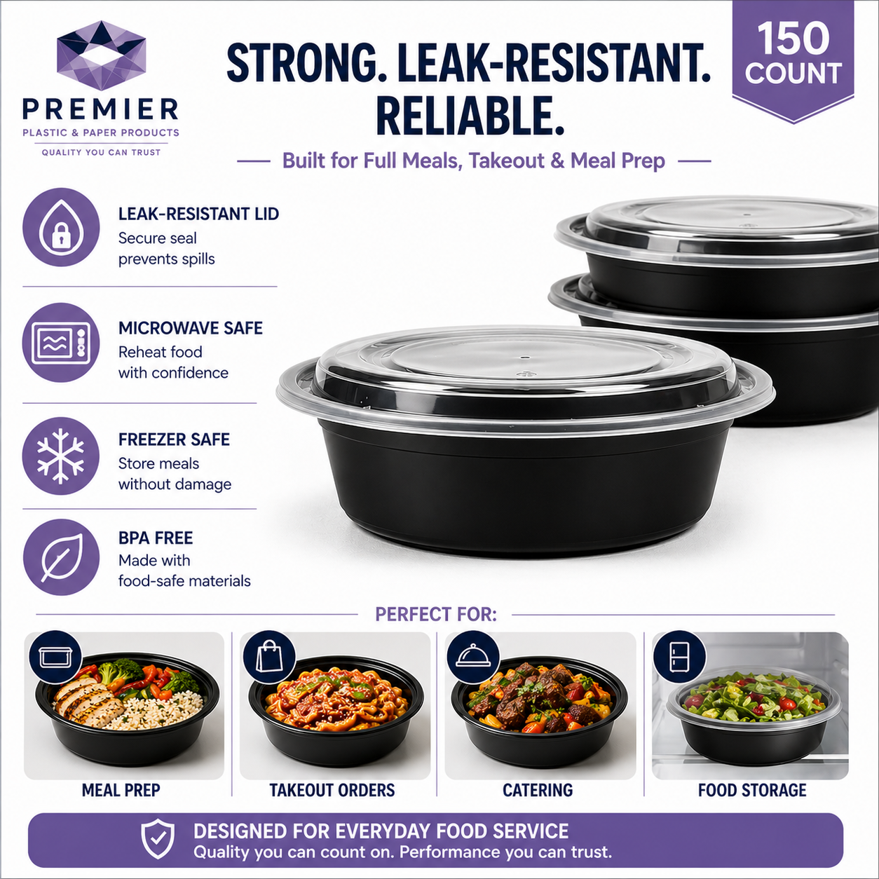 Premier Plastic Container ROUND 32 OZ With LID 150CT