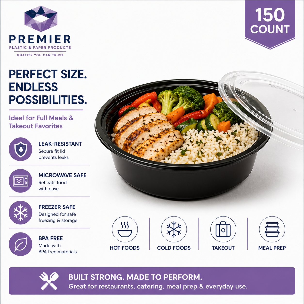 Premier Plastic Container ROUND 32 OZ With LID 150CT