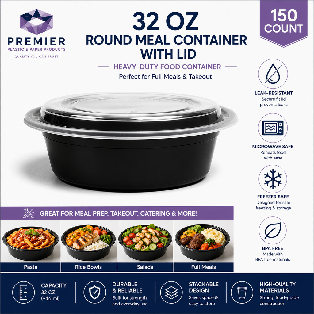 Premier Plastic Container ROUND 32 OZ With LID 150CT