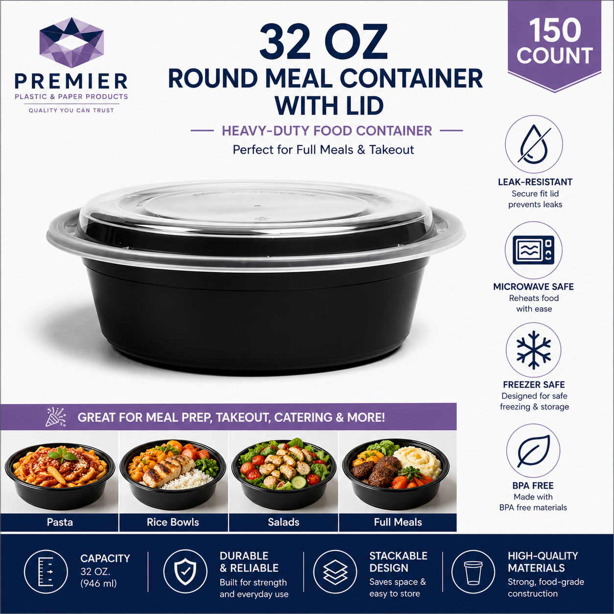 Premier Plastic Container ROUND 32 OZ With LID 150CT