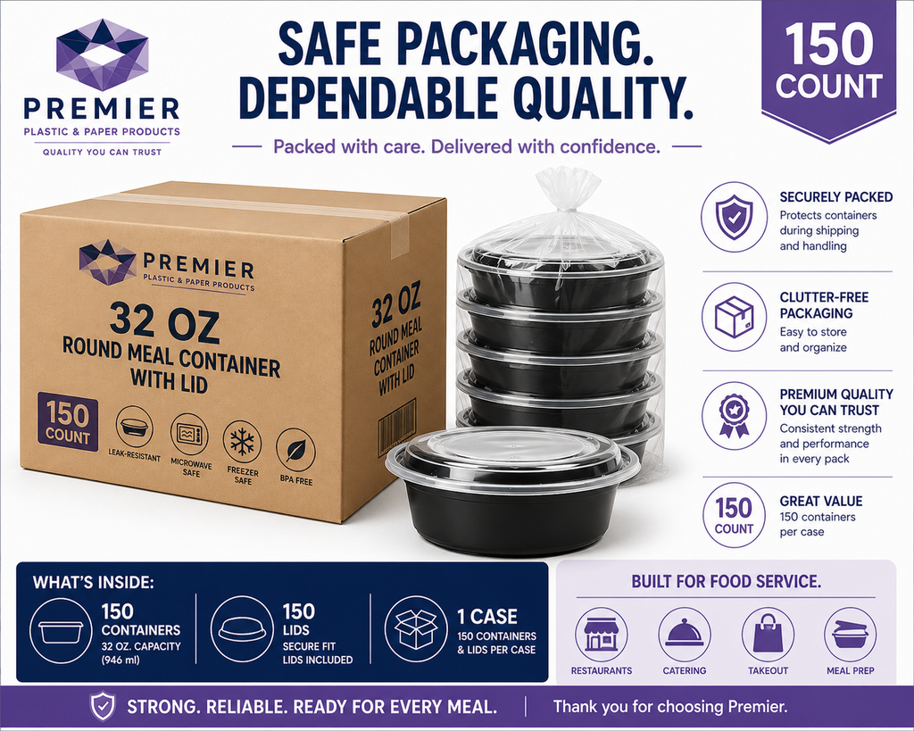 Premier Plastic Container ROUND 32 OZ With LID 150CT