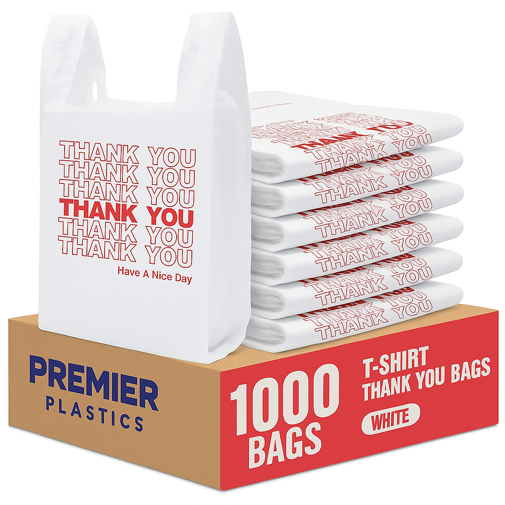 Premier 1000 Count Thank You Plastic Bags, 12x6.5x21inch T-Shirt Bags with Handles Shopping Grocery Bags, White