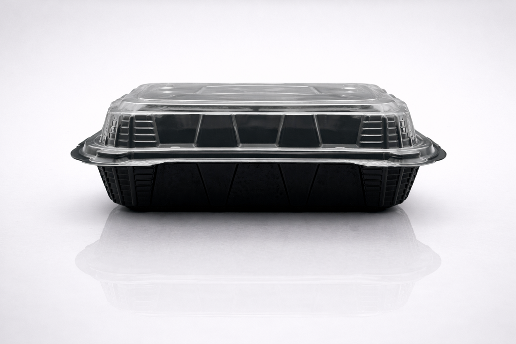Premier Plastic Container Hinged 9/9-3 COMPARTMENT 100 CT Black W Clear Lid