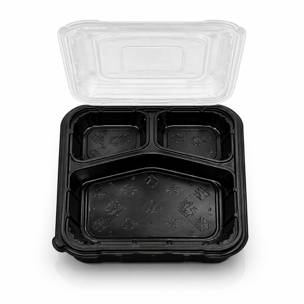 Premier Plastic Container Hinged 9/9-3 COMPARTMENT 100 CT Black W Clear Lid
