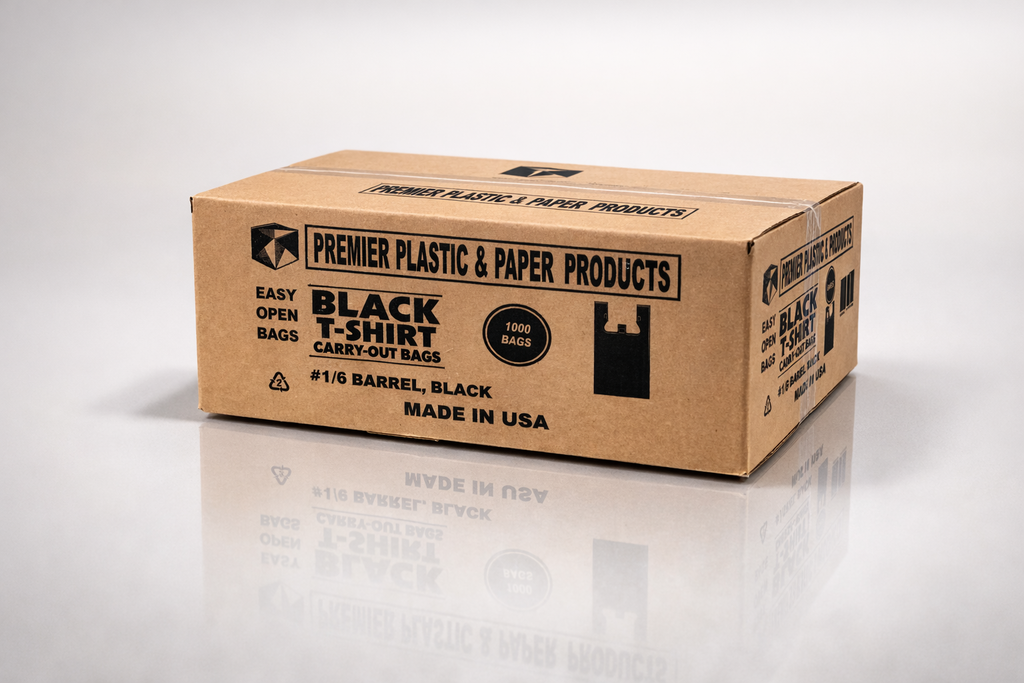 Premier 1,000 Count Black T-Shirt Carryout Bags, 11.5" x 6.5" x 22"