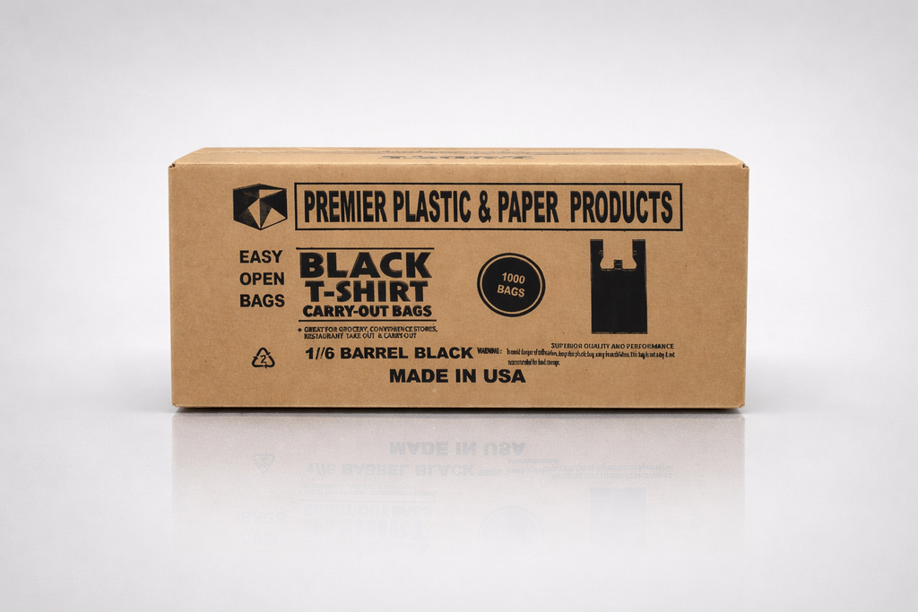 Premier 1,000 Count Black T-Shirt Carryout Bags, 11.5" x 6.5" x 22"