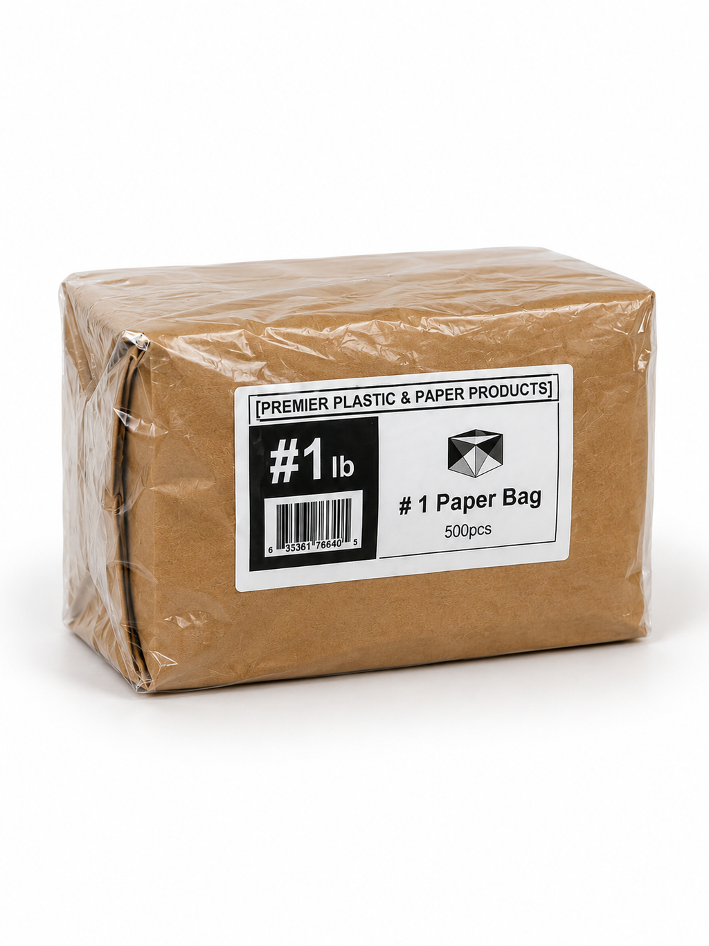 Box of #1 lb paper bags with a clear plastic wrap on a white background