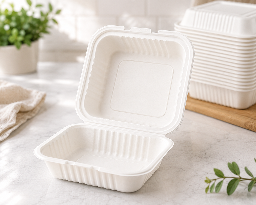 Biodegradable Bagasse Clamshell To-Go Container Natural | Pack of 200 or 500