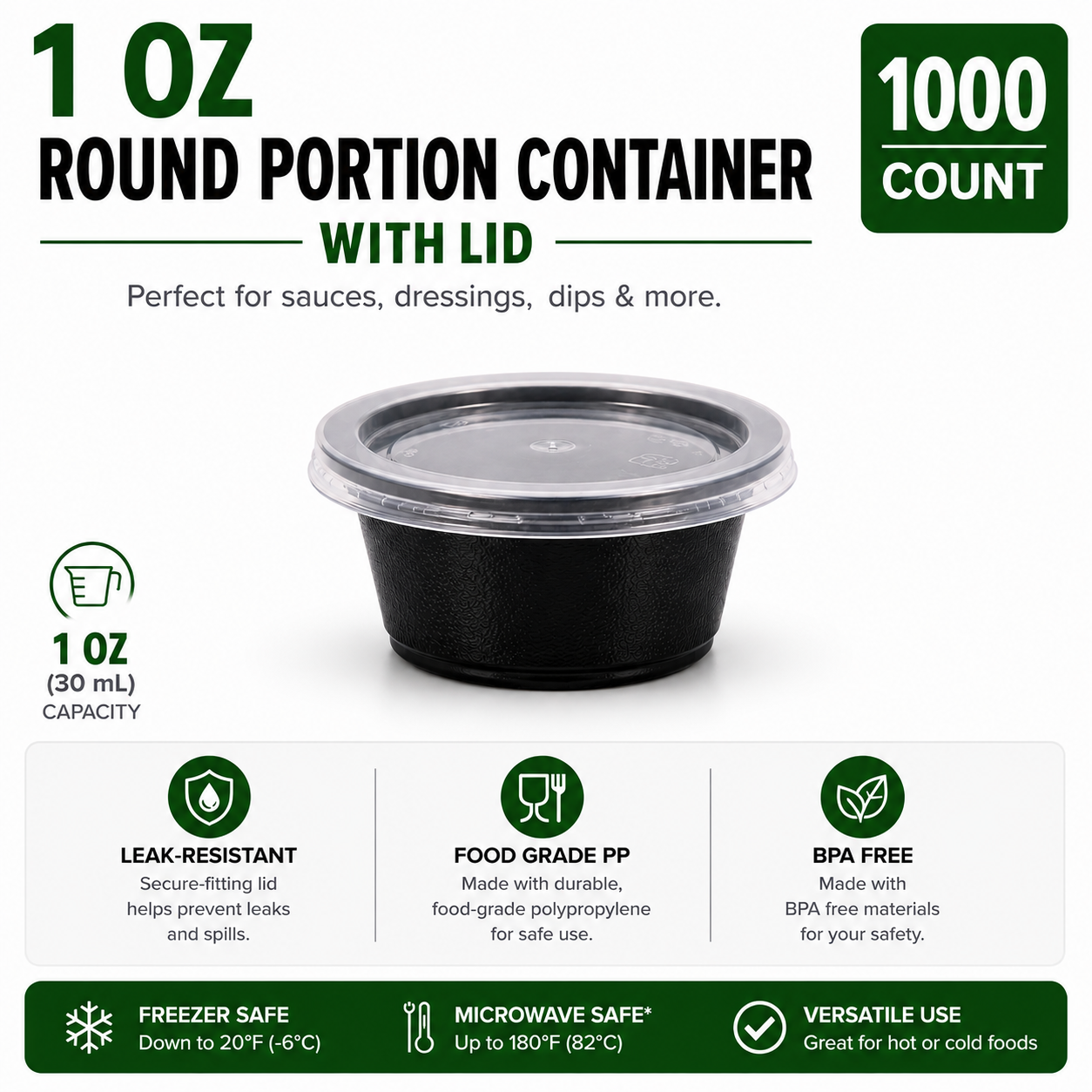 Round Sauce and Condiment Container with Lid - Black | Pack of 500 or 1000