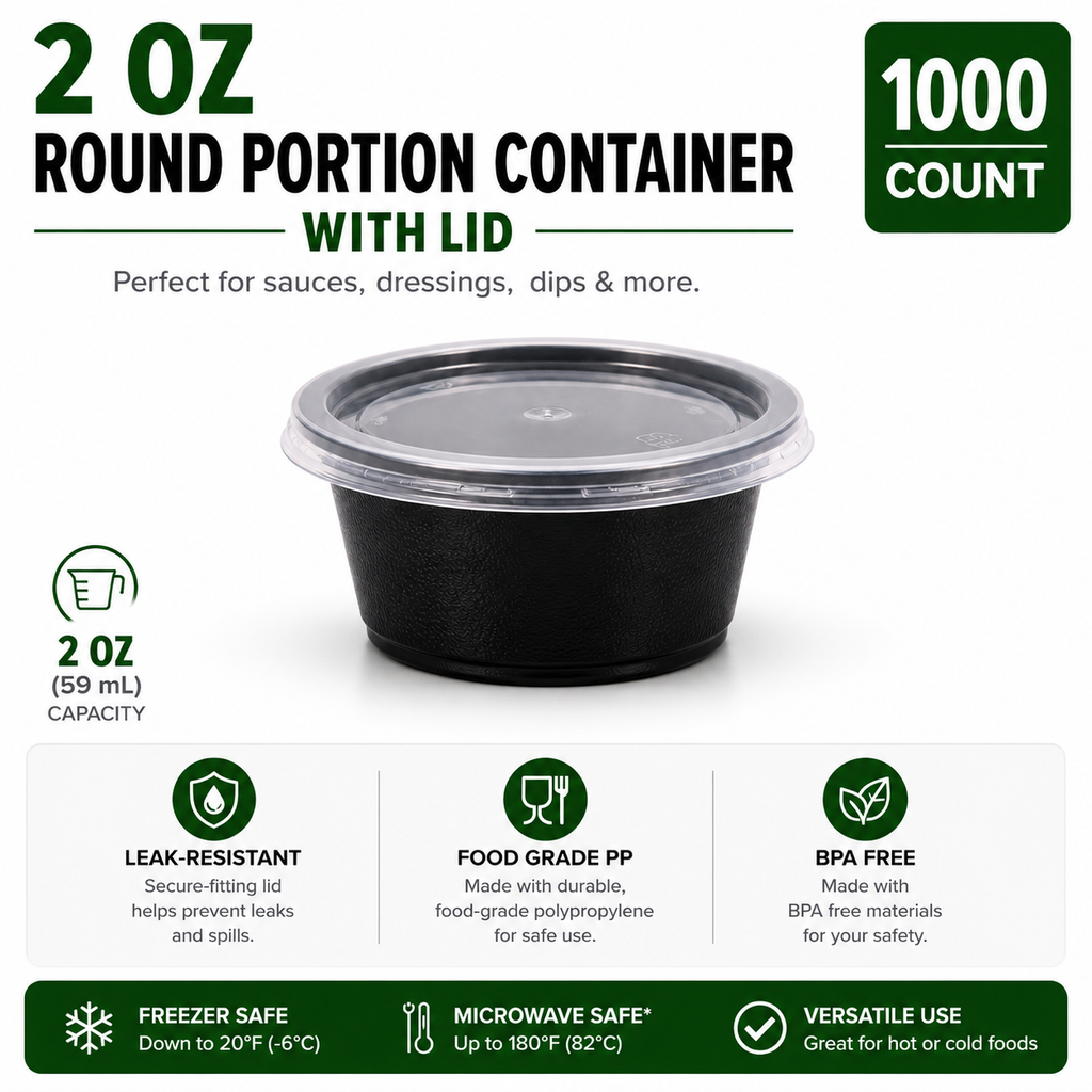 Round Sauce and Condiment Container with Lid - Black | Pack of 500 or 1000