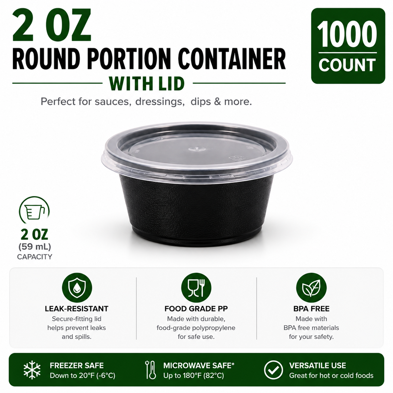 Round Sauce and Condiment Container with Lid - Black | Pack of 500 or 1000