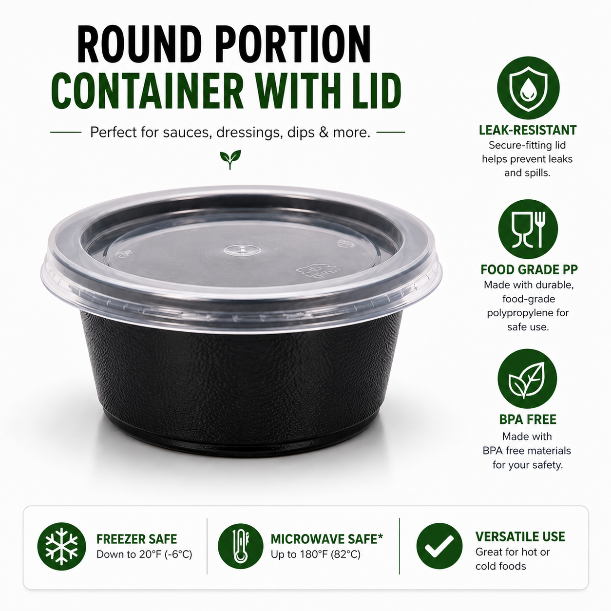 Round Sauce and Condiment Container with Lid - Black | Pack of 500 or 1000