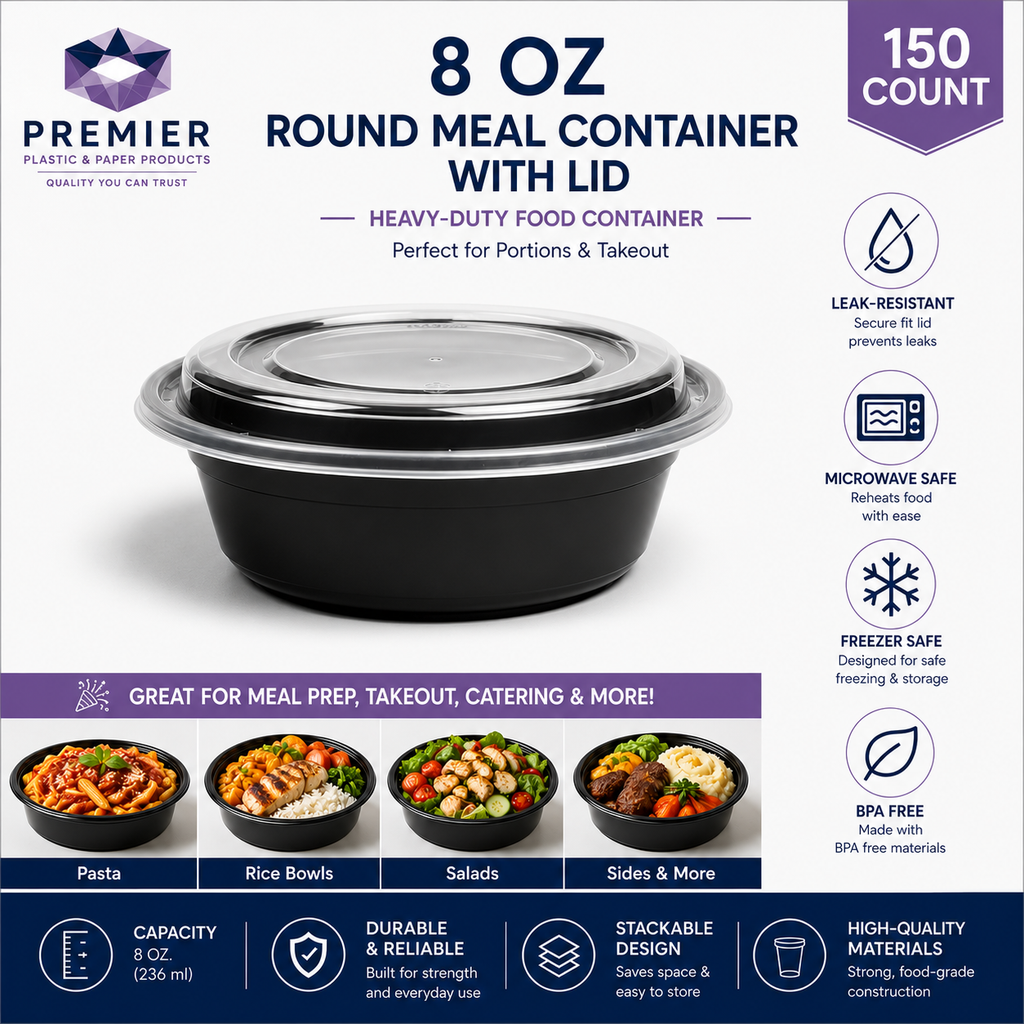 Round To-Go Container with Clear Lid - Black | Pack of 150