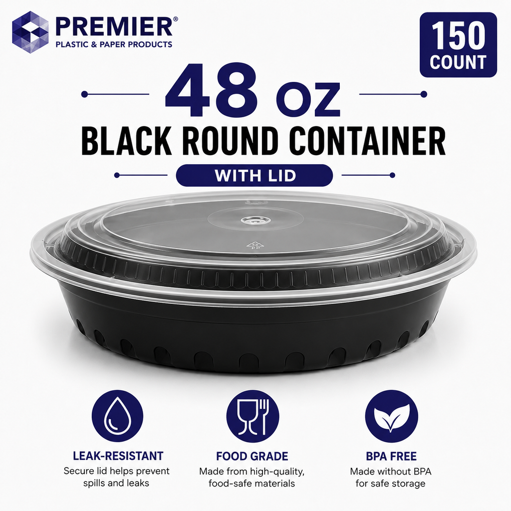 Round To-Go Container with Clear Lid - Black | Pack of 150