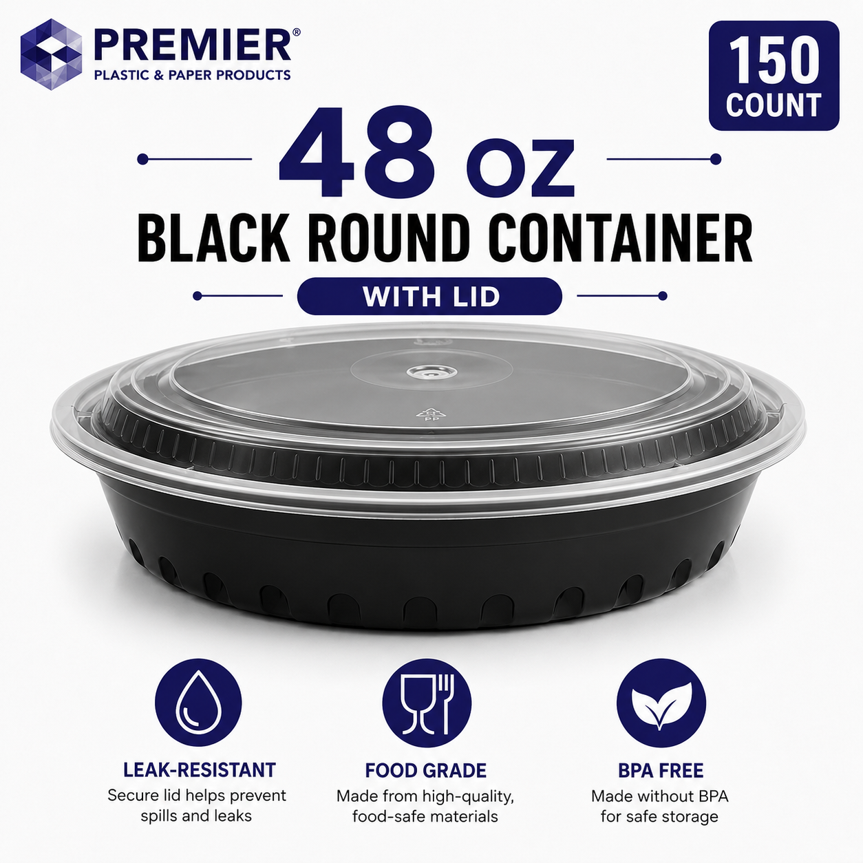 Round To-Go Container with Clear Lid - Black | Pack of 150