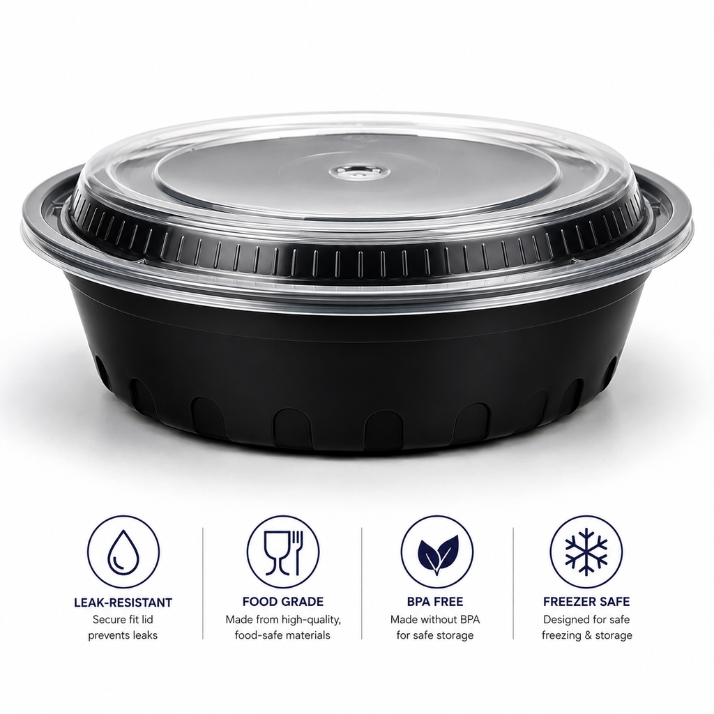 Round To-Go Container with Clear Lid - Black | Pack of 150