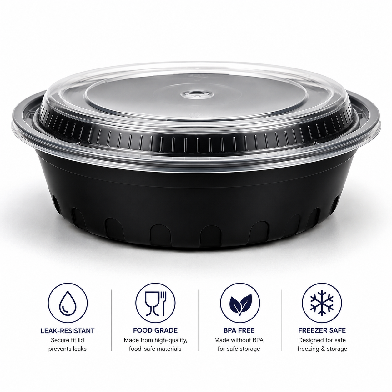 Round To-Go Container with Clear Lid - Black | Pack of 150