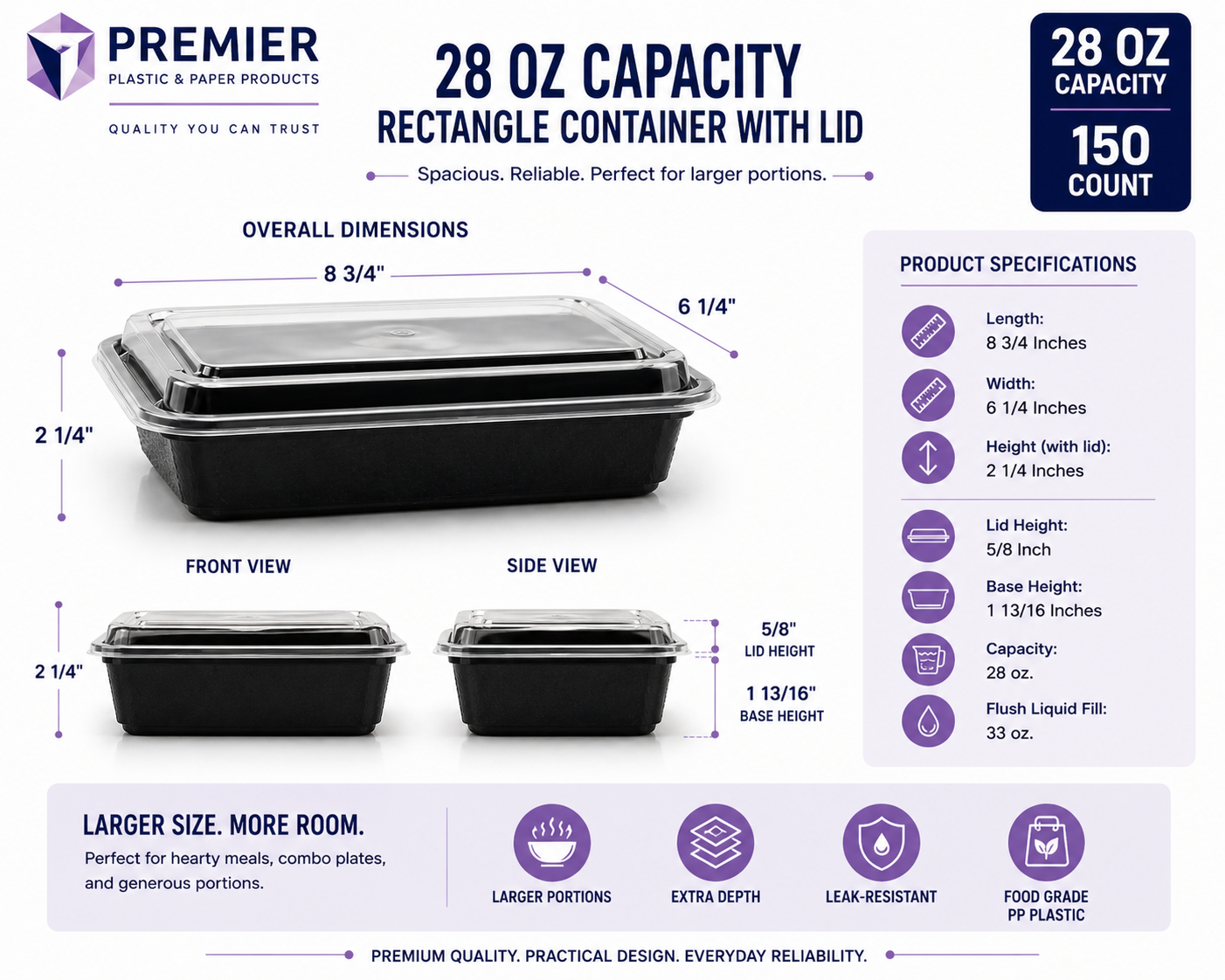 Premier Plastic Container RECTANGLE 28 OZ W LID 150 CT