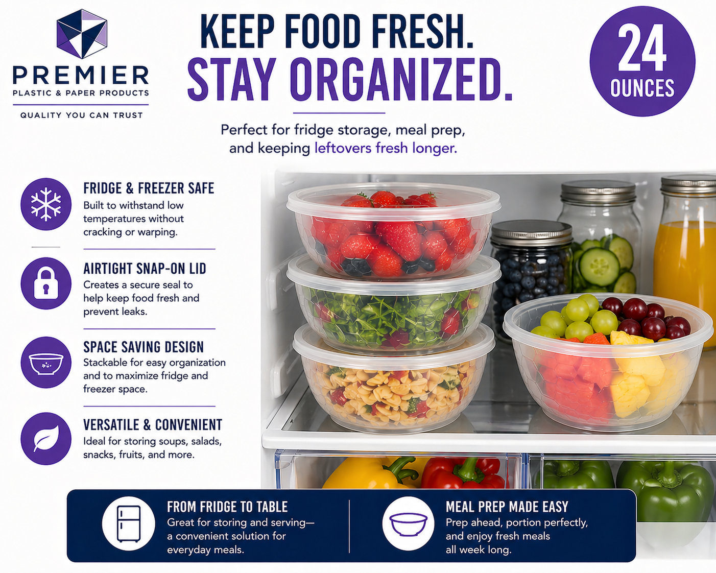 Premier Plastic Container BOWL 24 OZ CLEAR