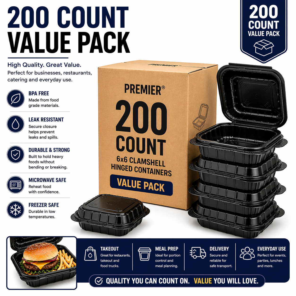Premier Plastic Container Hinged BLACK 6/6 200 CT