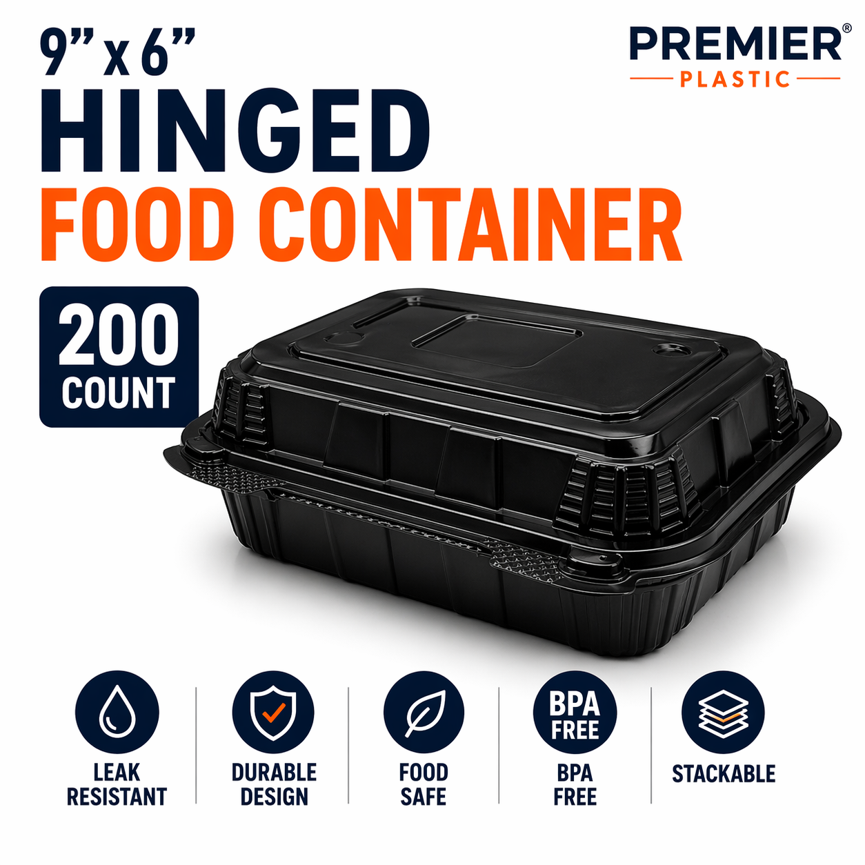 Premier Plastic Container Hinged BLACK 9/6 200 CT