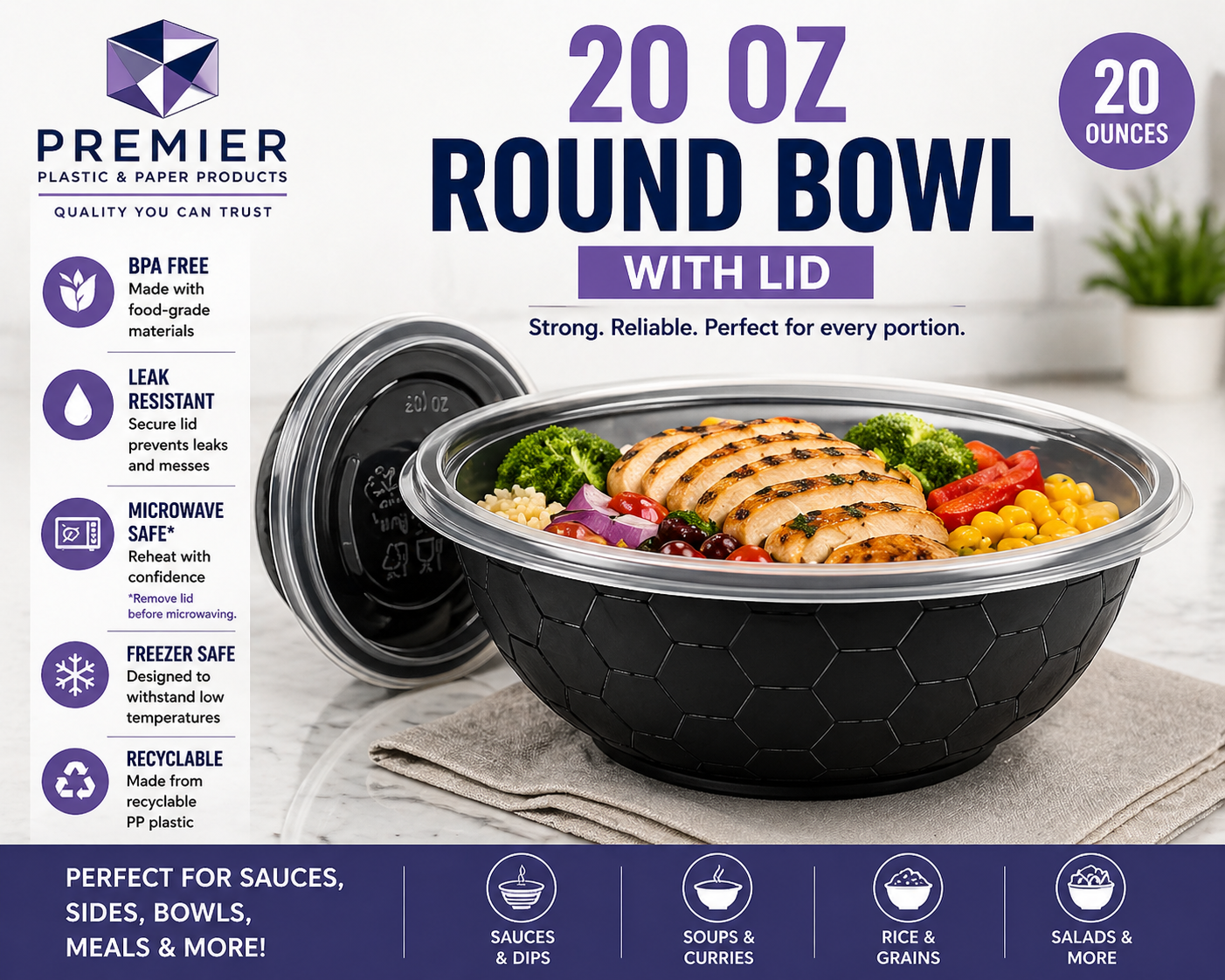 Premier Plastic Container BOWL 20 OZ BLACK