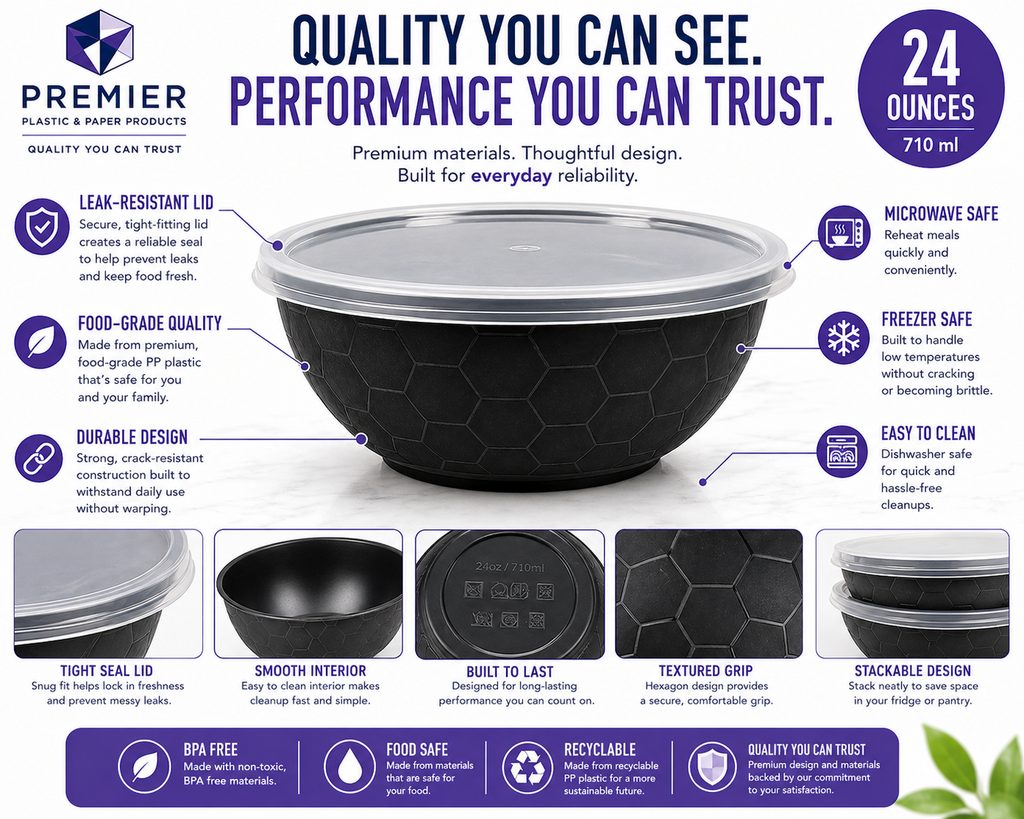 Premier Plastic Container BOWL 24 OZ BLACK