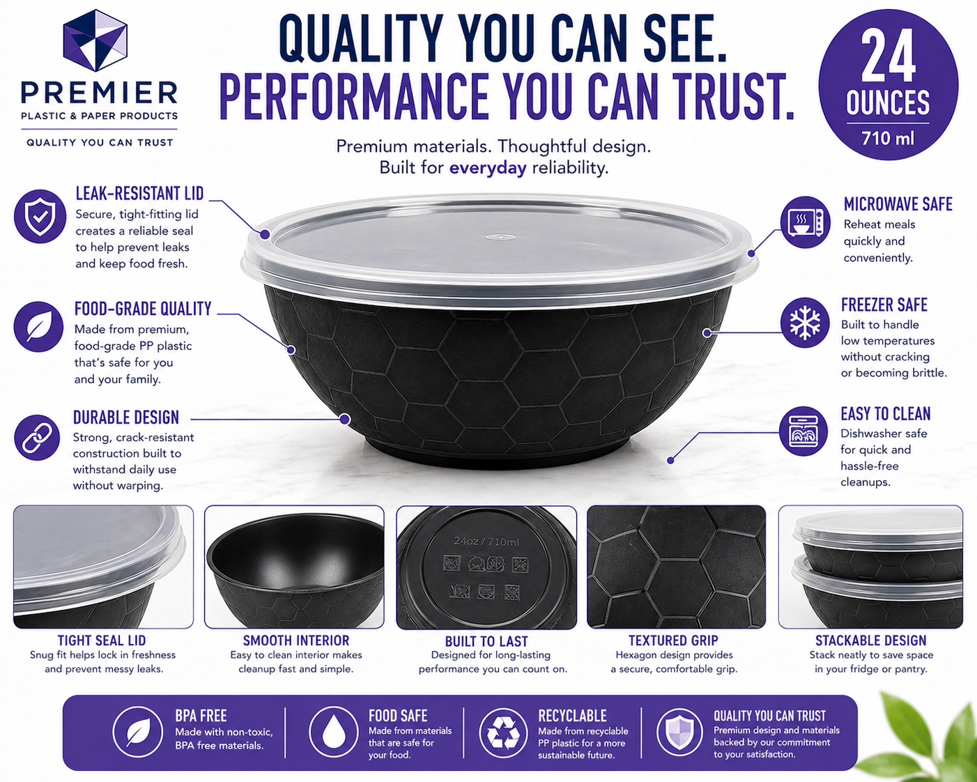 Premier Plastic Container BOWL 24 OZ BLACK