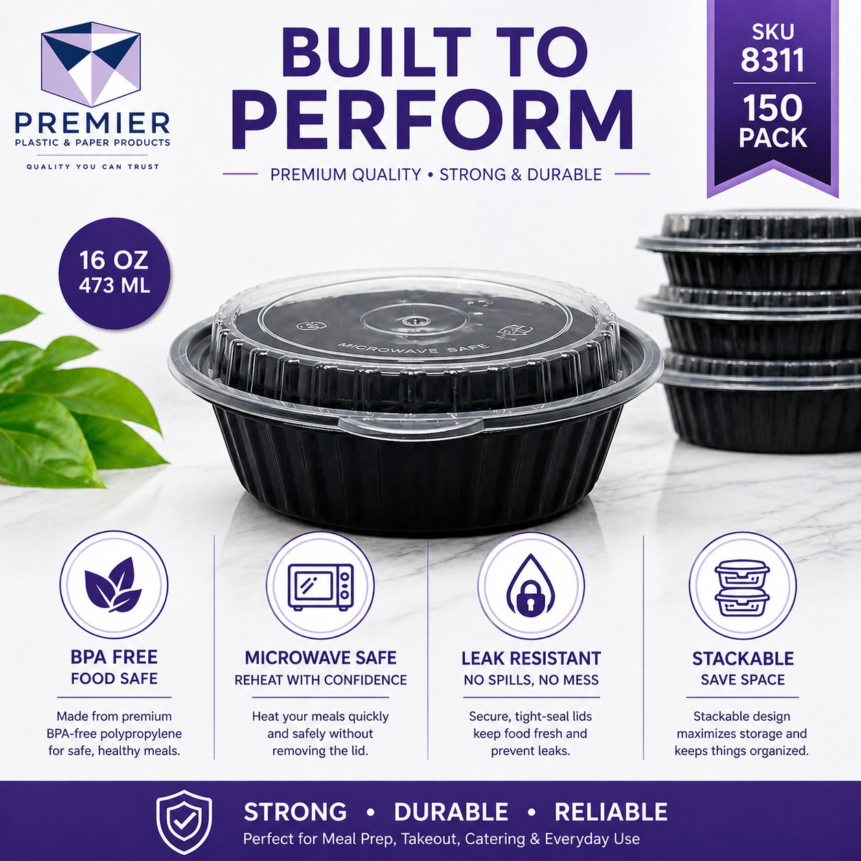 Premier Plastic Container ROUND W LID ROR 8311 150 CT 16 OZ