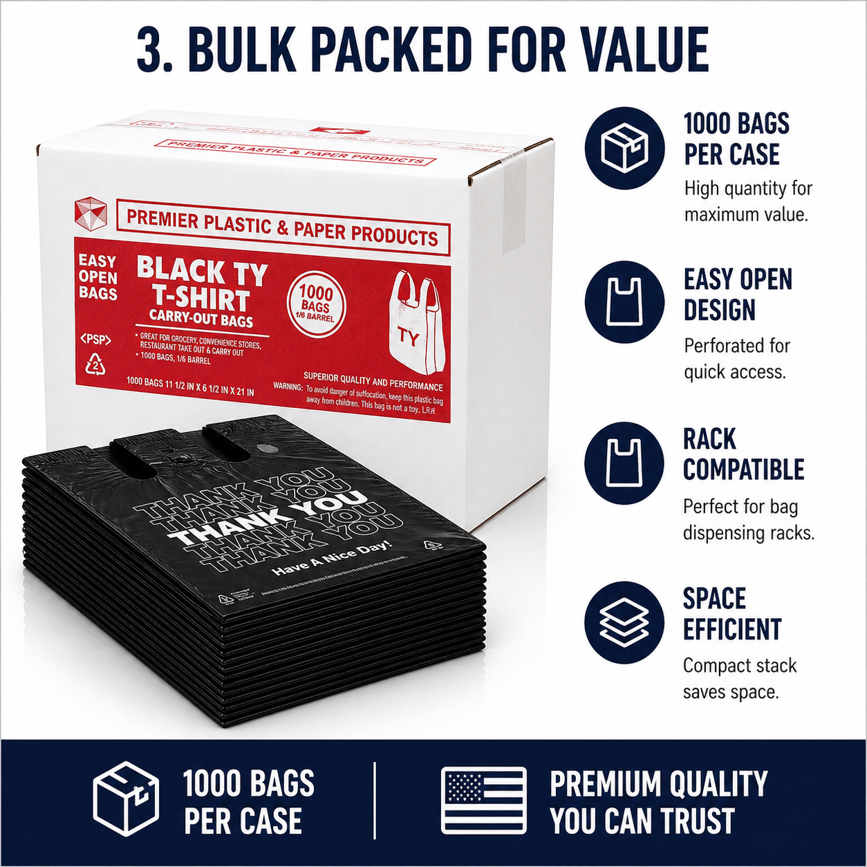 1/6 Easy Open 1000 CT Black Thankyou Bags
