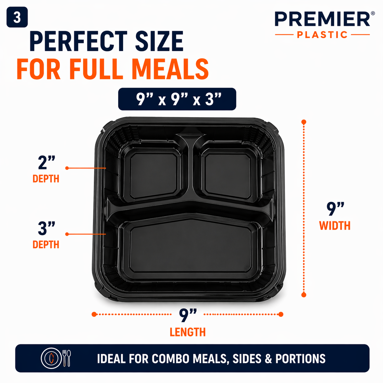 Premier Plastic Container Hinged 9/9-3 COMPARTMENT 100 CT BLACK