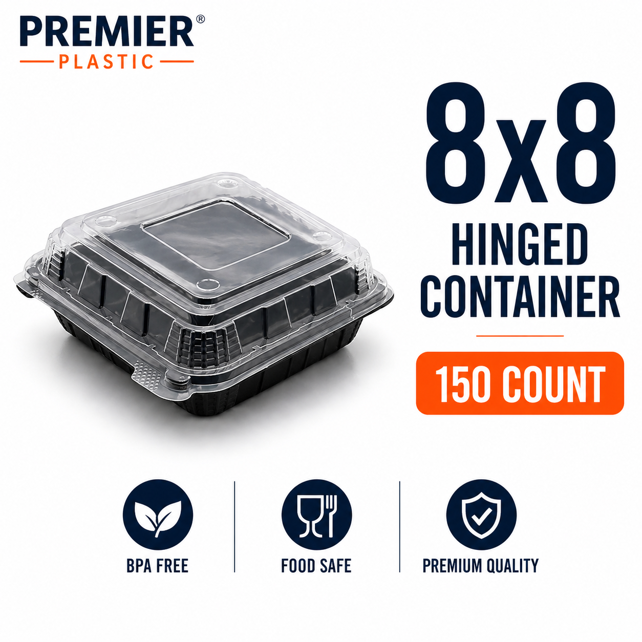 Premier Plastic Container Hinged 8/8 150 CT Black W Clear Lid