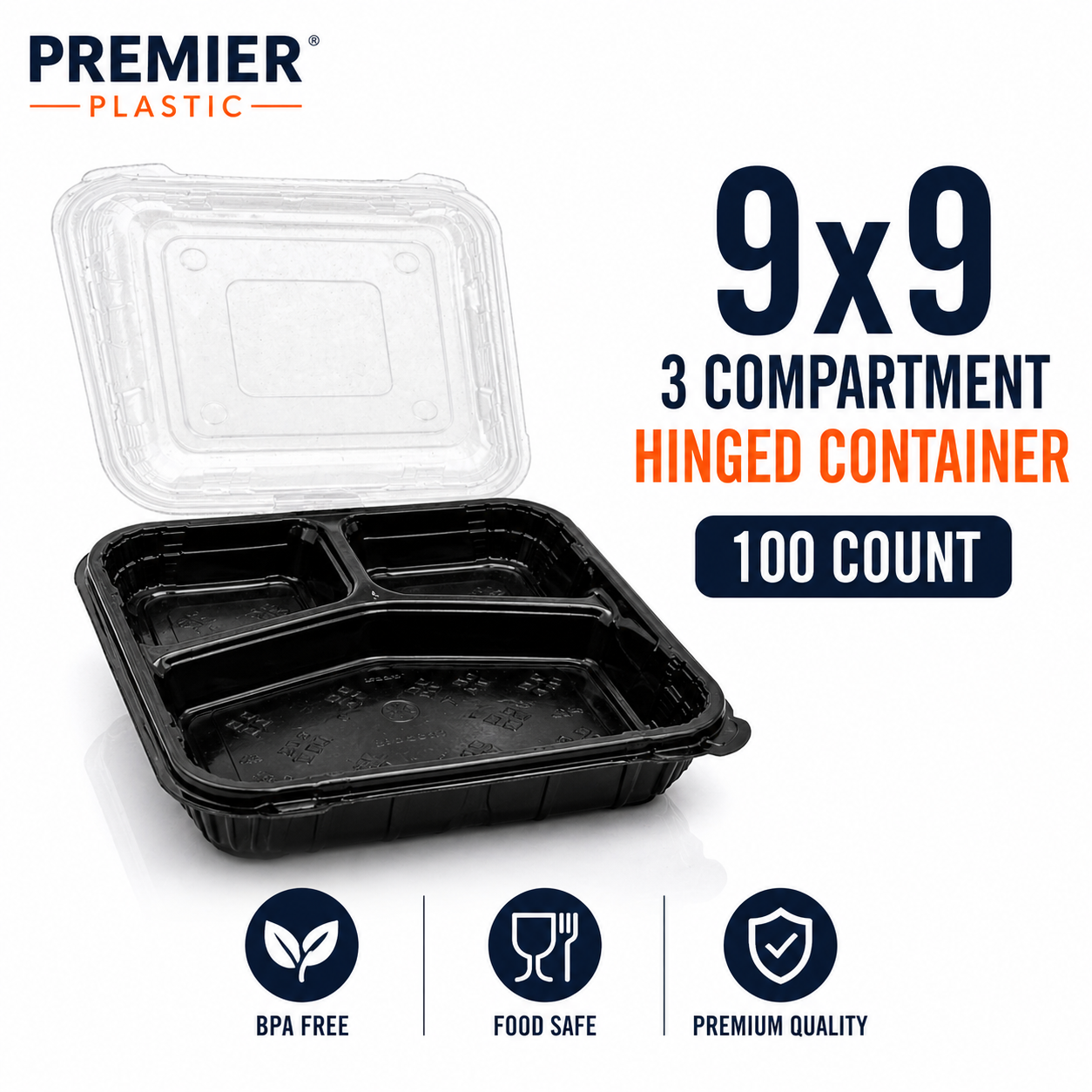 Premier Plastic Container Hinged 9/9-3 COMPARTMENT 100 CT Black W Clear Lid