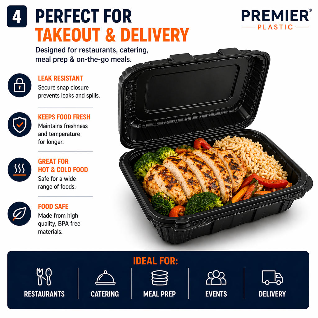Premier Plastic Container Hinged 9/9 100 CT BLACK