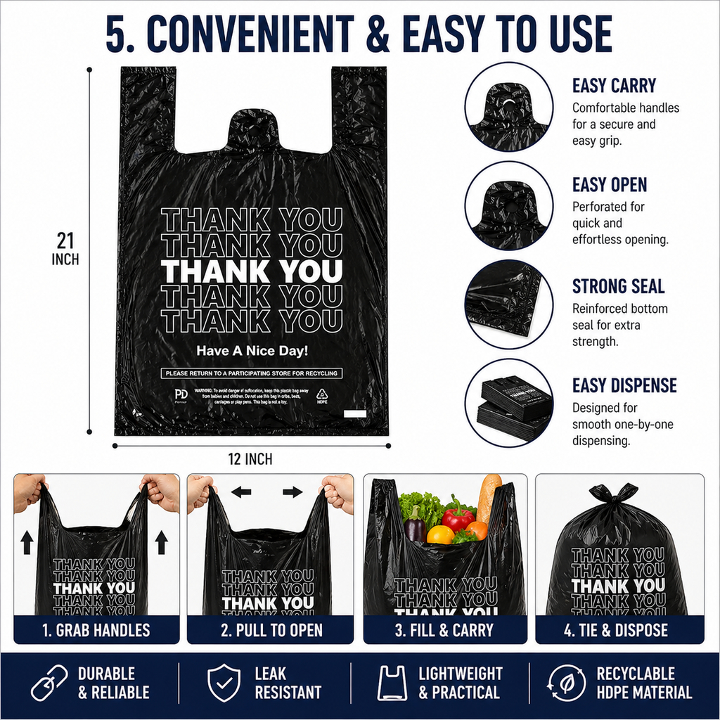 1/6 Easy Open 1000 CT Black Thankyou Bags