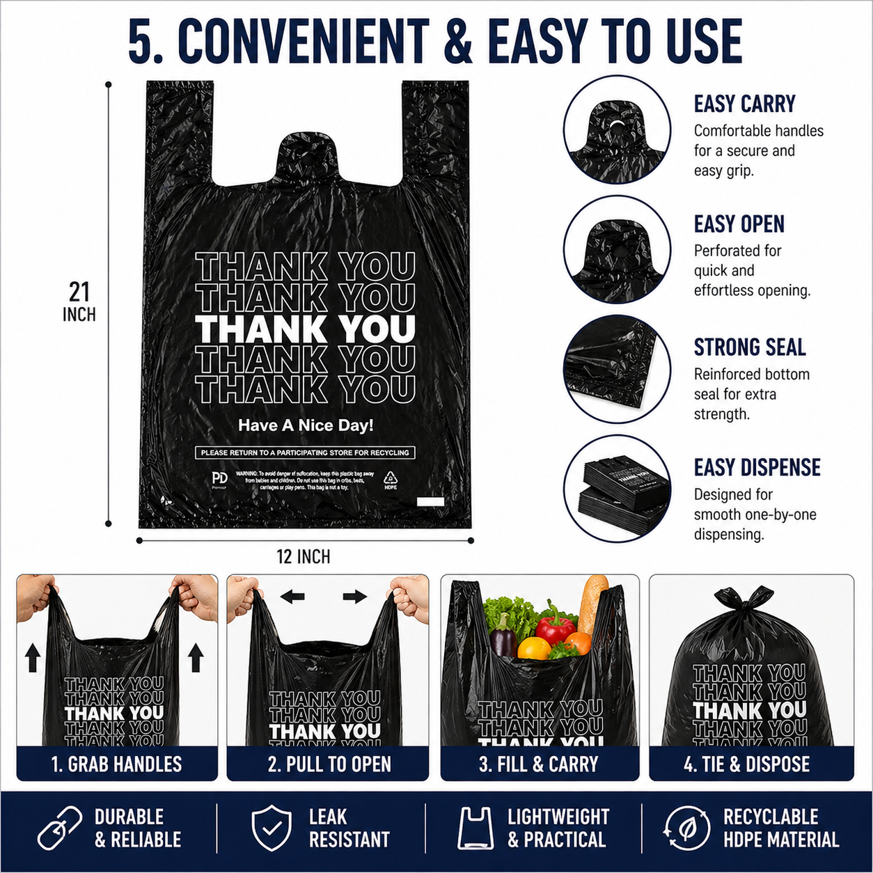 1/6 Easy Open 1000 CT Black Thankyou Bags