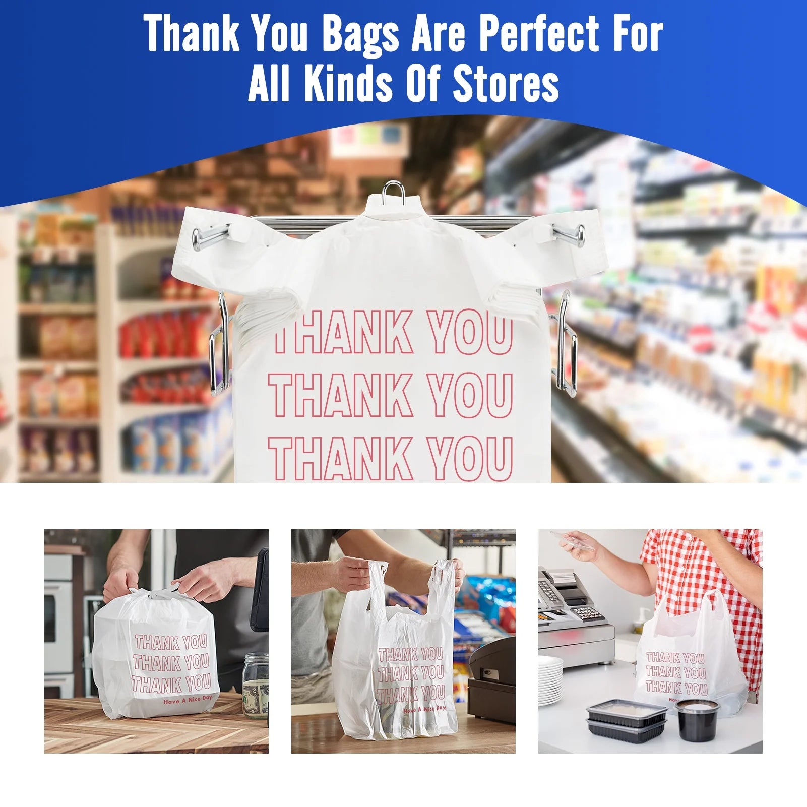 Premier 1000 Count Thank You Plastic Bags, 12x6.5x21inch T-Shirt Bags with Handles Shopping Grocery Bags, White